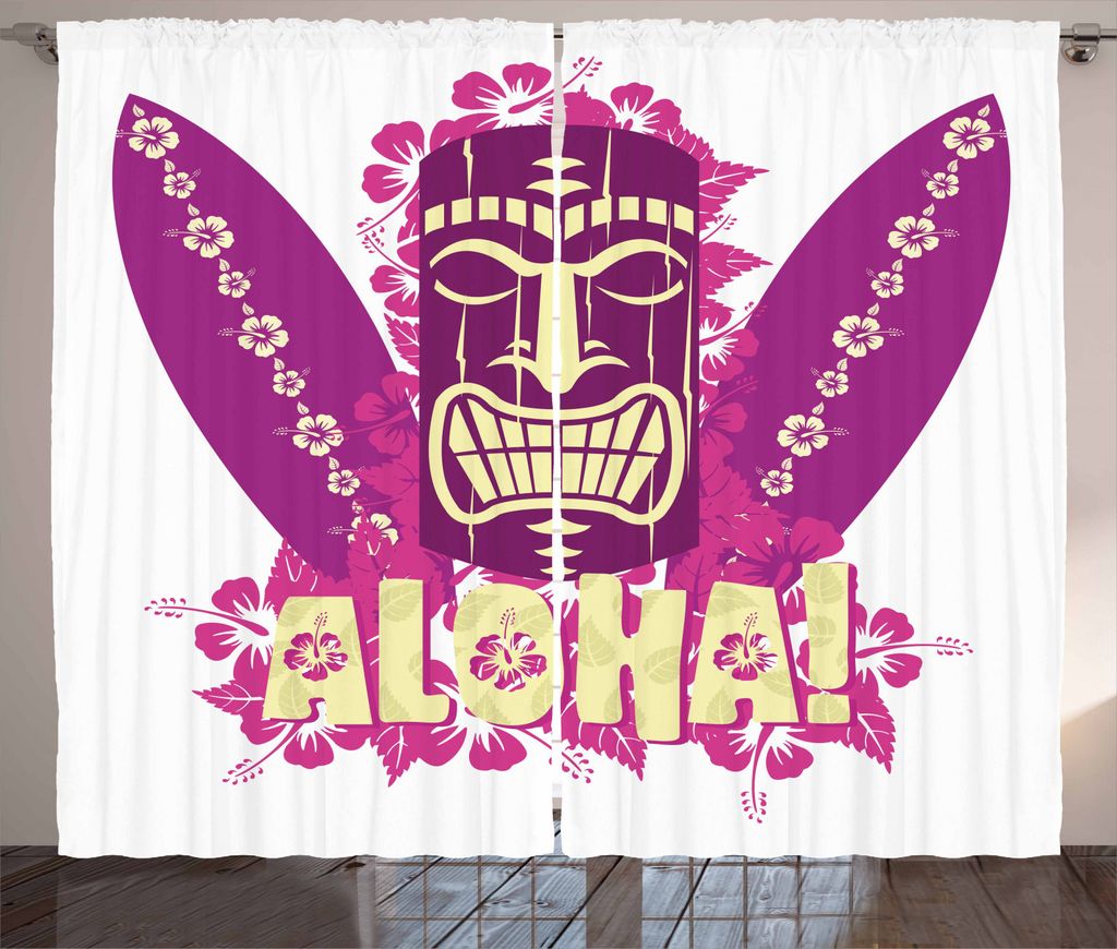 ABAKUHAUS Tiki Bar Rustikaler Vorhang, Aloha Surfbretter, Wohnzimmer Universalband Gardinen mit Schlaufen und Haken, 280 x 245 cm, Blassgelb Pink