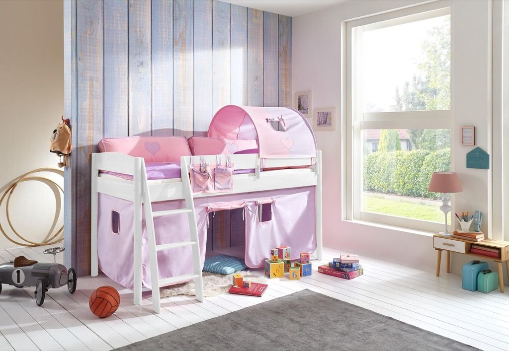 Halbhohes Einzelbett Mischelle Buche massiv Weiß lackiert 90x200 mit Textilset
