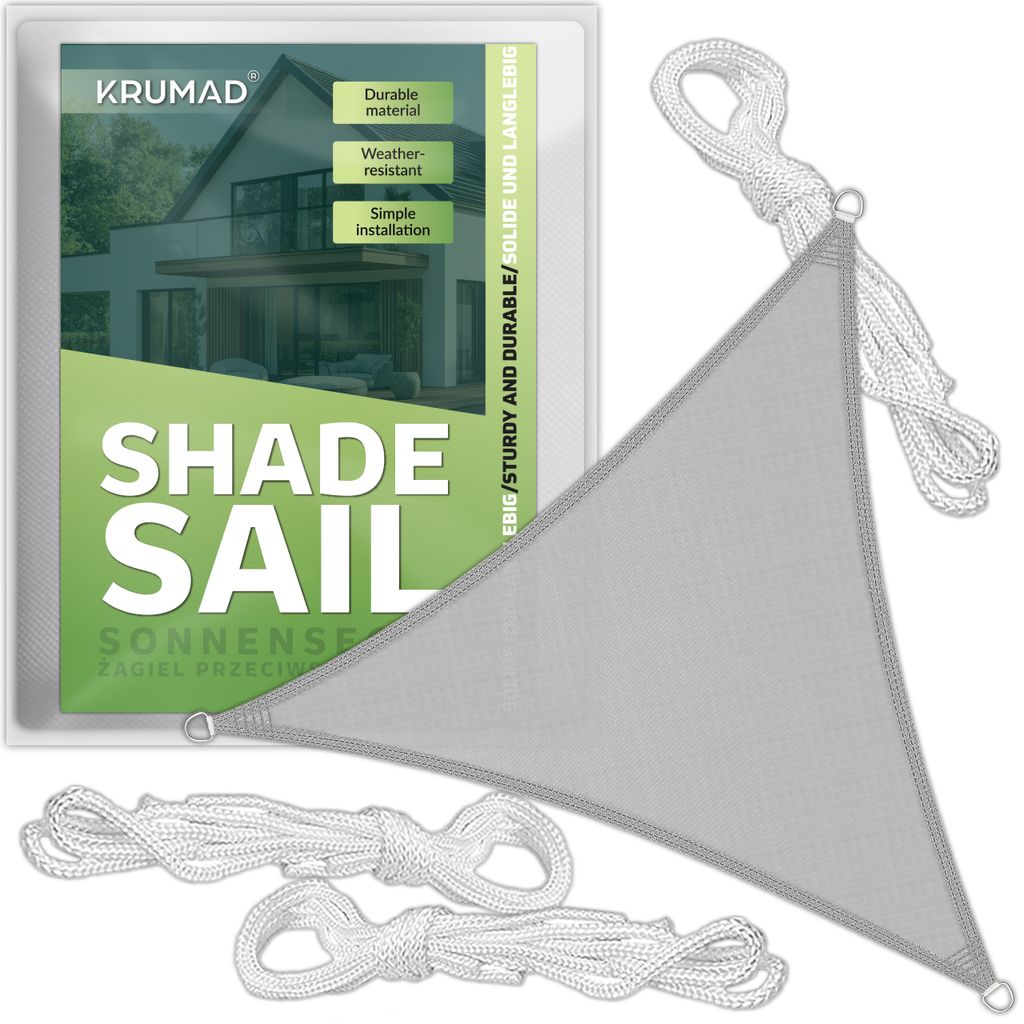 KRUMAD Sonnensegel, 3x3m, Grau, Dreieckig, UV-Schutz 95%, Wetterfest, Sonnenschutz für Garten, Balkon, Terrasse, Wasserdicht, mit Befestigung