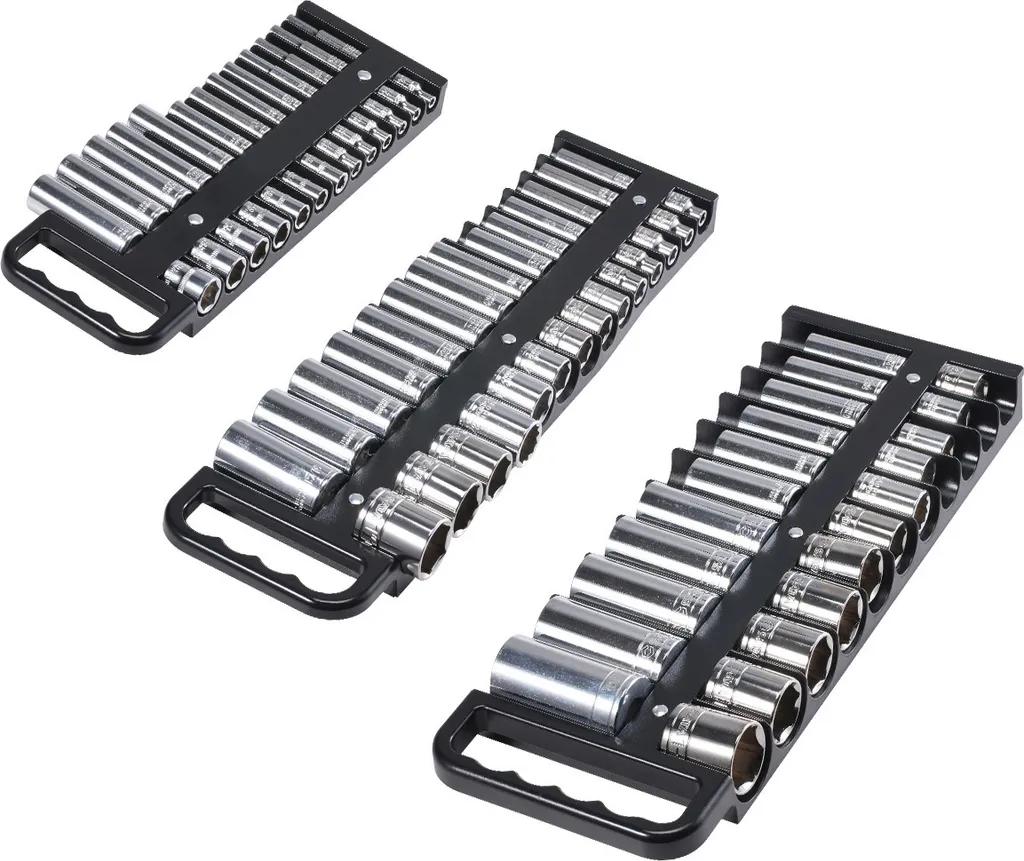 SucceBuy Vassoio organizzatore di prese portatile da, set di 3 pezzi con prese metriche e SAE, robusto supporto per cassette degli attrezzi, 1/4 di pollice, 3/8 di pollice, 1/2 di pollice, fino a 76 prese