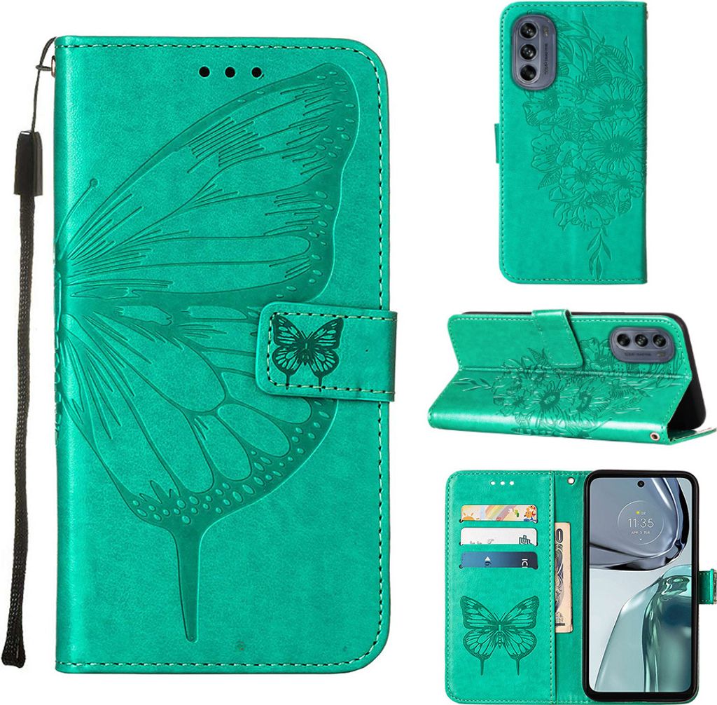 Moto G62 5G Hülle, Schmetterling Prägung Flip Leder Kartenfächer Schutzhülle Ledertasche mit Ständer für Motorola Moto G62 5G Grün