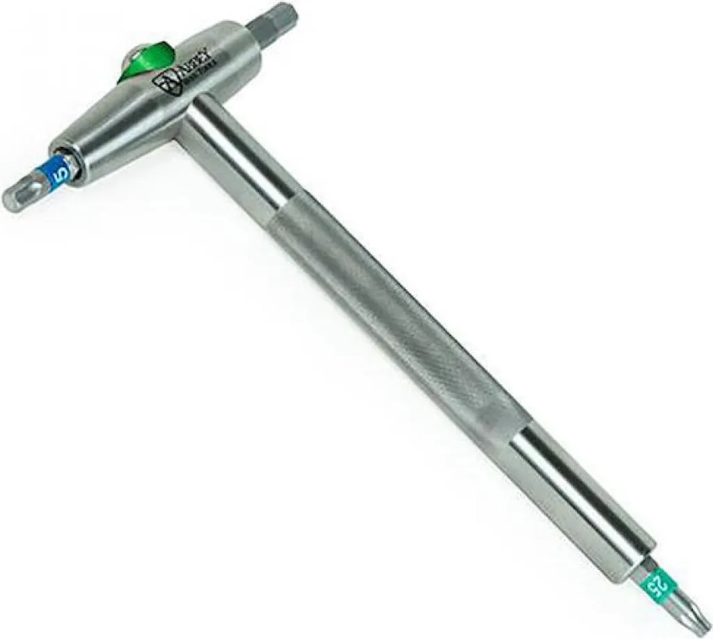 Multitool Abbey Tools T-Way à 3 embouts, manche argenté et effet de levier
