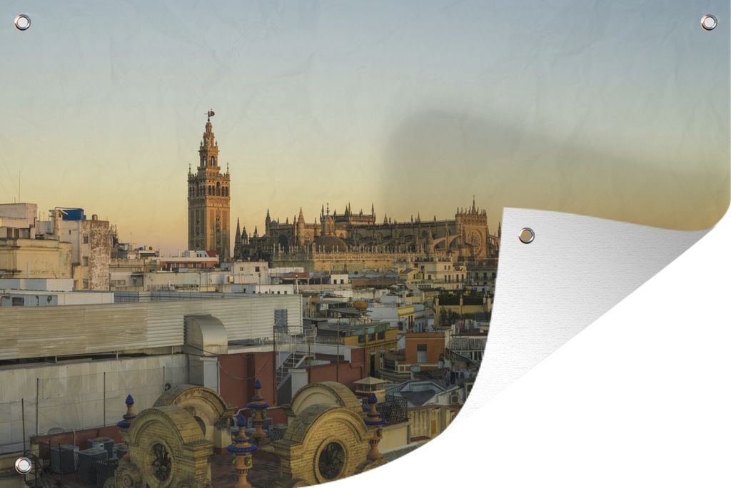 MuchoWow 60x40 cm Outdoor-Poster Gartendeko Sichtschutz Garten Poster für den Garten Sevilla - Skyline - Sonne