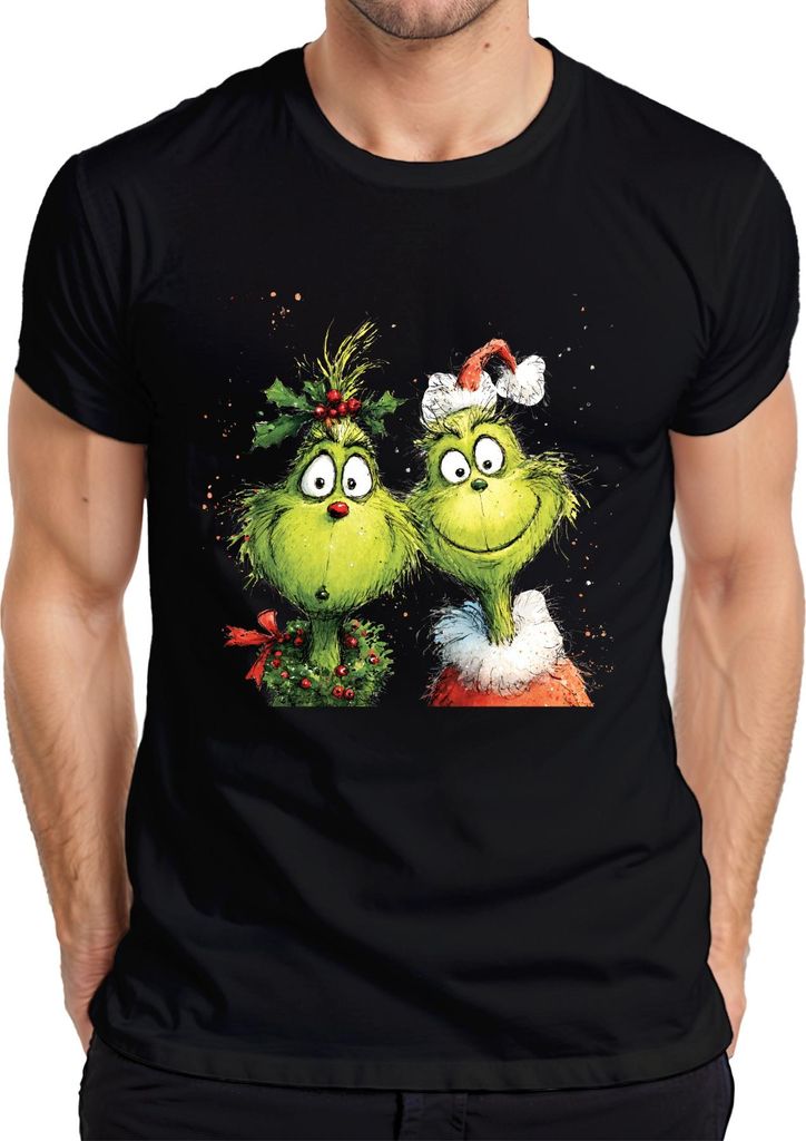 Grinch Weihnachten lustig Paar Kranz Holly Santa Hut Retro Herren T-Shirt, Schwarz, L