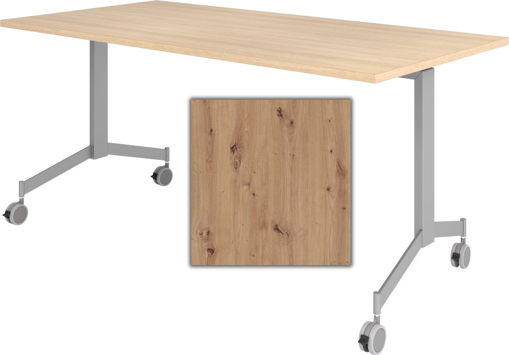 bümö Klapptisch mit Rollen "KF-Serie" klappbar & fahrbar, Tischplatte 160 x 80 cm in Asteiche, Gestell silber