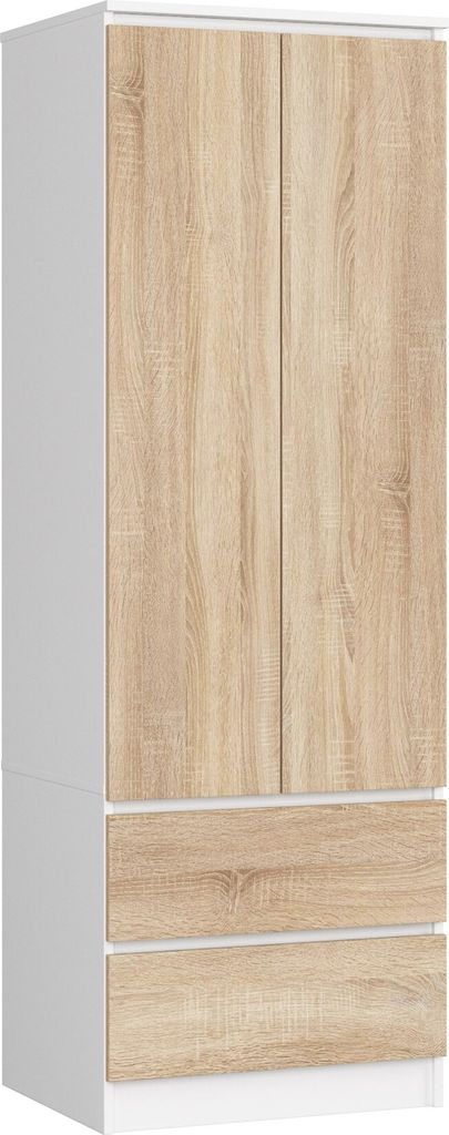 Kleiderschrank mit 2 Turen und 2 Schubladen (B:60cm / H:180cm / T:51cm) in weiß & Sonoma Eiche