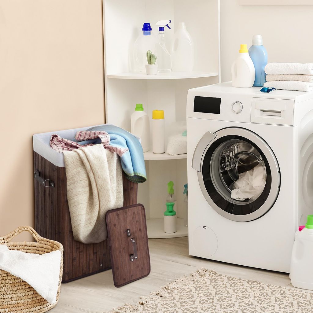 Wäschekorb Bambus schmal mit Deckel, Wäschesammler mit herausnehmbarem Sack, Wäschebox, Dunkelbraun | 40 x 30 x 60 cm | 72 L