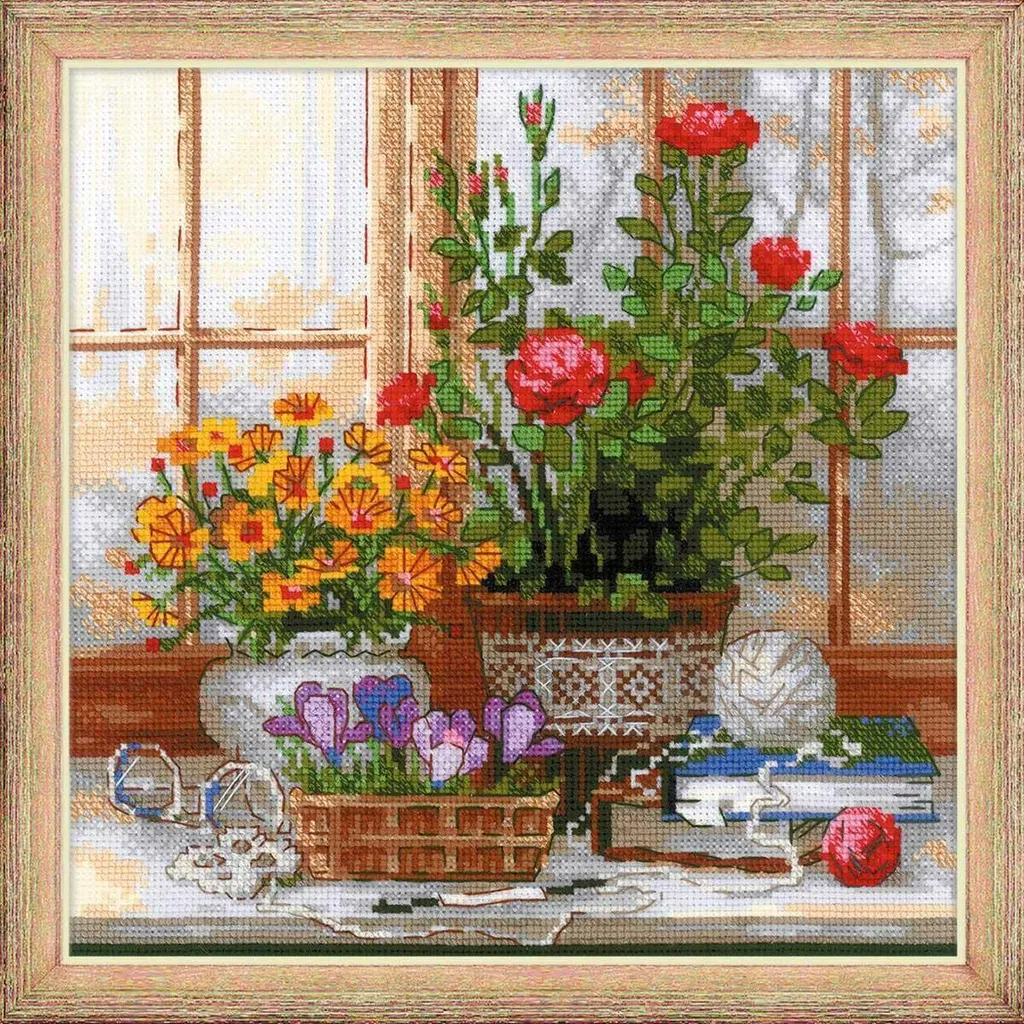 Broderie point de croix fleurs Crocus On The Windowsill avec fils laine