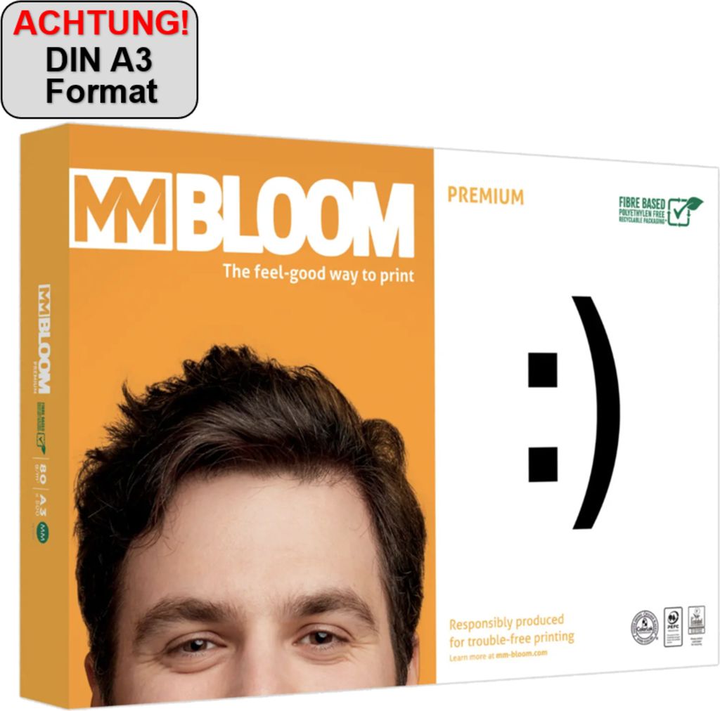 Kopierpapier Bloom Premium DIN A3, 80g/qm, weiß, Weißegrad 161 CIE, Packung à 500 Blatt