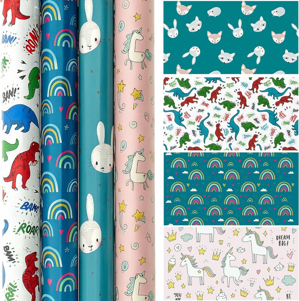 Baby- und Kindergeschenkpapier – 4er-Set – 70 x 150 cm – Stabil, 80 g/m² – Fröhliche Designs – Tiere, Dinosaurier, Regenbogen und Einh...