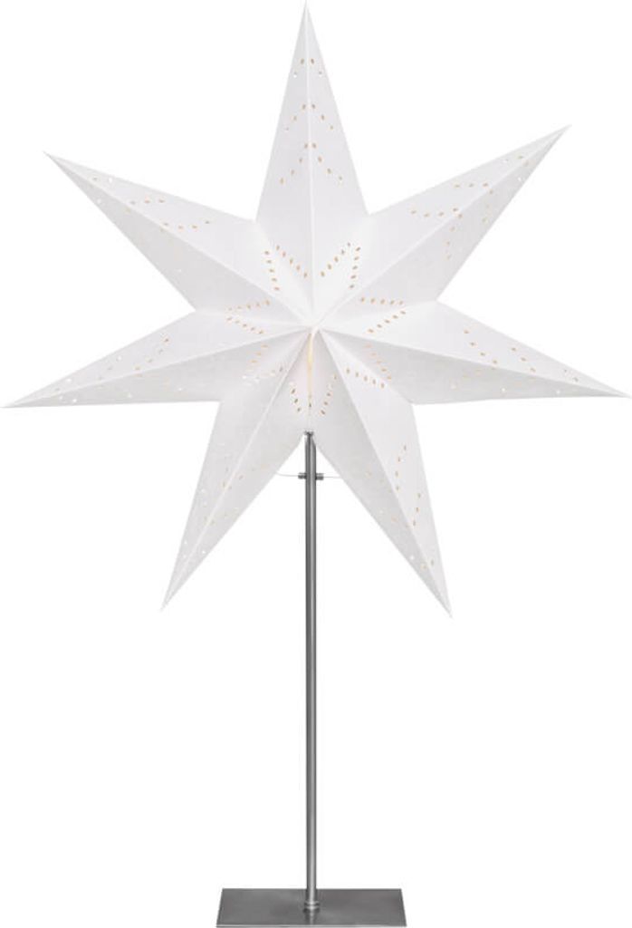 A white star-shaped lamp on a stand, isolated on a white background.