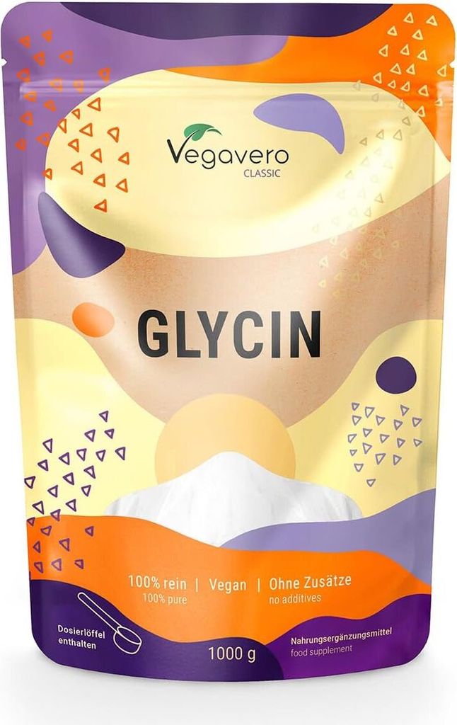 A pouch of Vegavero Glycin powder with colorful abstract shapes and text.