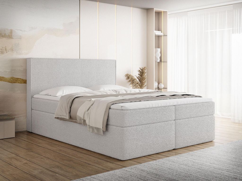 Boxspringbett 140x200 mit Bettkasten, Gepolstert Doppelbett mit H4 Bonell-Matratze, H2 Visco-Topper – Graues Stauraumbett mit hohem Kopfteil, Bou...