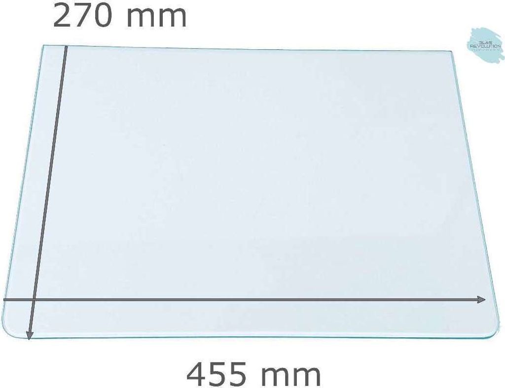 Kühlschrank Einlegeboden - Klarglas 4 mm - 2 abgerundete Ecken - 455 mm x 270 mm - (89,96 EUR / qm - Mindestbfl. 0,25 qm - Kantenb. 5,35 EUR / lfm...