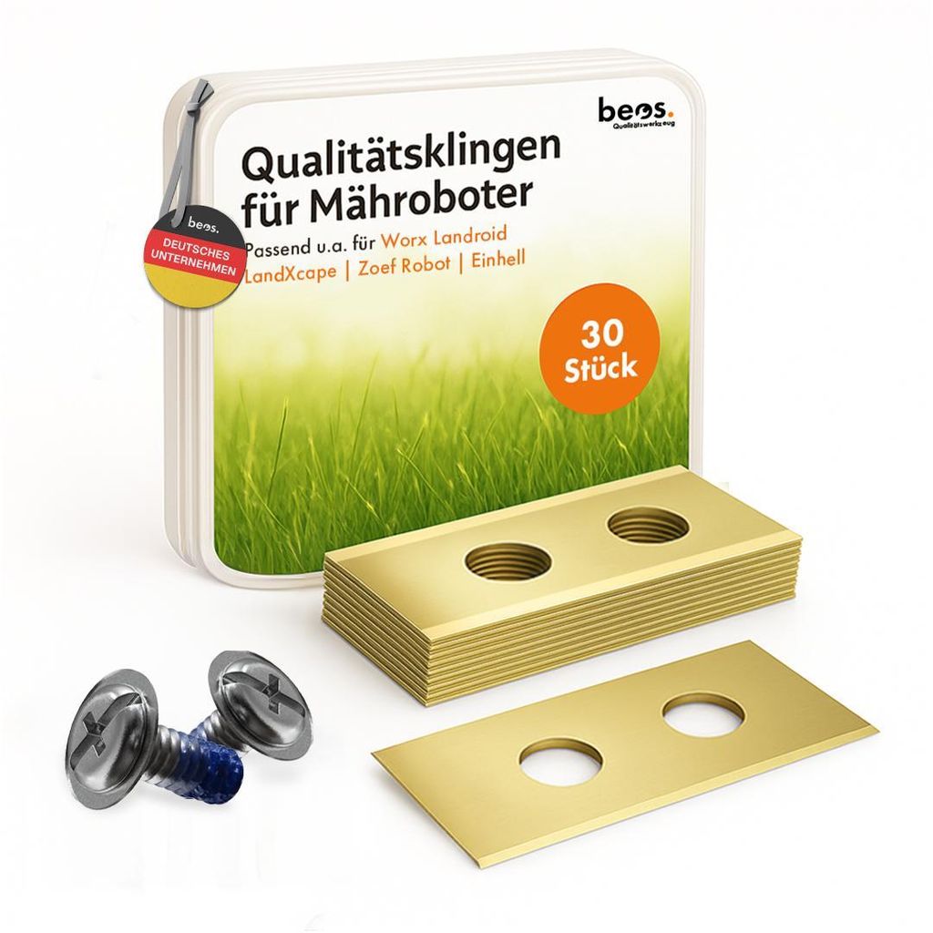 beos 30x Premium Titan Ersatzmesser & Schrauben mit Sicherungslack - Ersatzklingen für Worx, LandXcape, Zoef Robot, Einhell, Kress Mähroboter