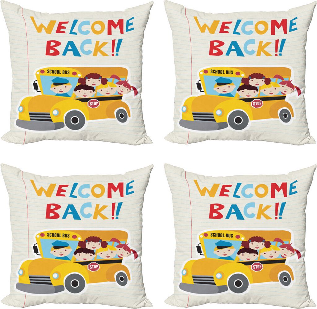 ABAKUHAUS Schulbus Kissenbezug Set (4 Stück), Welcome Back Typography, Moderner Doppelseitiger Digitaldruck, 45 cm x 45 cm, Mehrfarbig