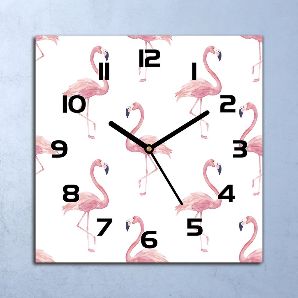 Wanduhr Echt-Glas-Küchenuhr Flamingo Rosa Tiere Quarz 30x30 Deko Bilder
