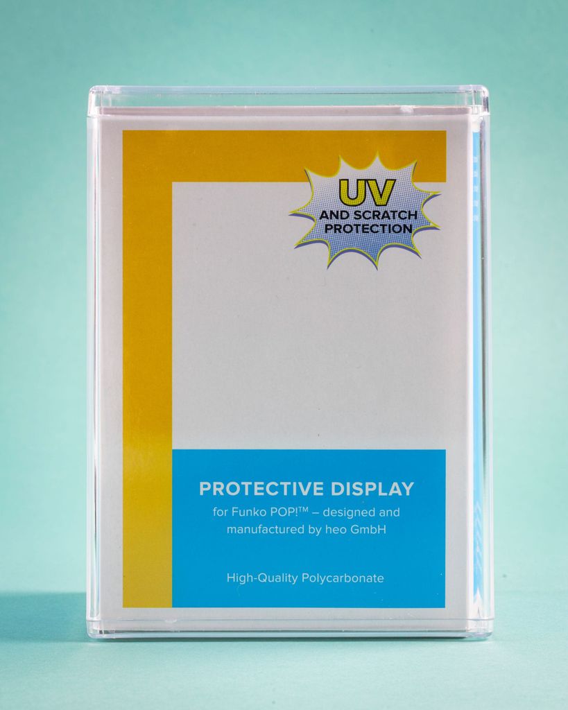 A clear protective display case for Funko POP! figures is shown against a light turquoise background.