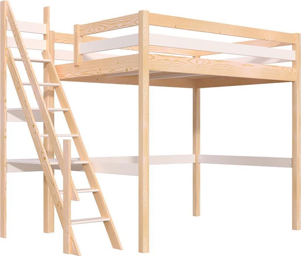 Hochbett 140x200 aus holz Sylvia mit Mülertreppe - Naturlack/Weiß