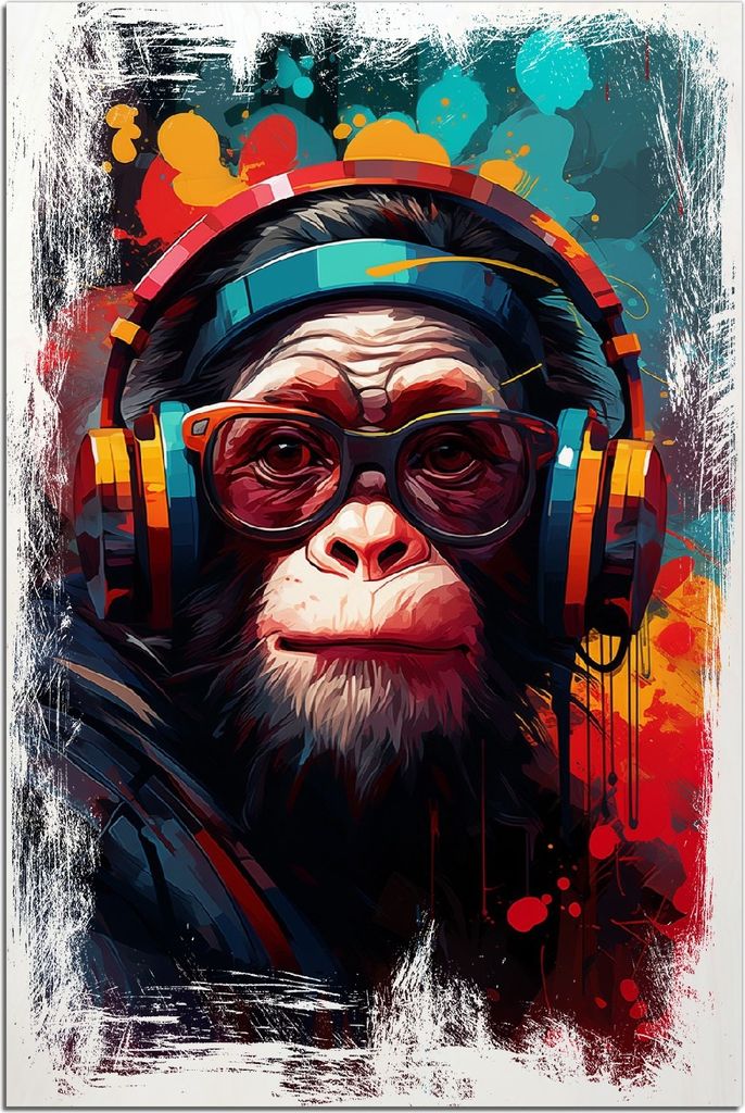 Kunstdrucke Wandbilder Holz in : Brillante Farben, Größe 60 x 90 cm Motiv Chimp - Musik