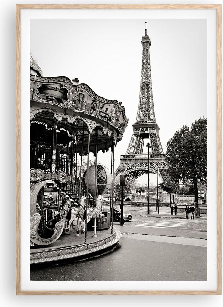 Gerahmtes Poster - Rahmen in heller Eiche - Karussell Turm Eiffel - 70x100 cm - Wand Bild - Wanddeko - Wandbilder - Kunstposter - Wandposter - Bild...