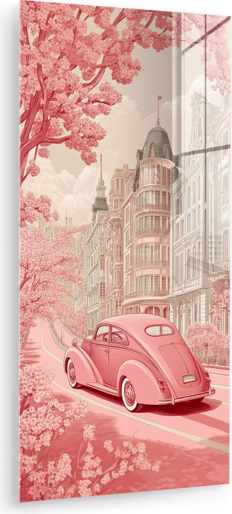 MuchoWow Glasbilder - Bilder auf Wandbild - Foto auf Glas Stadt - Auto - Rosa 40x80 cm Wanddekoration aus Glas - Acrylglasbild - Acrylbilder - Wand...