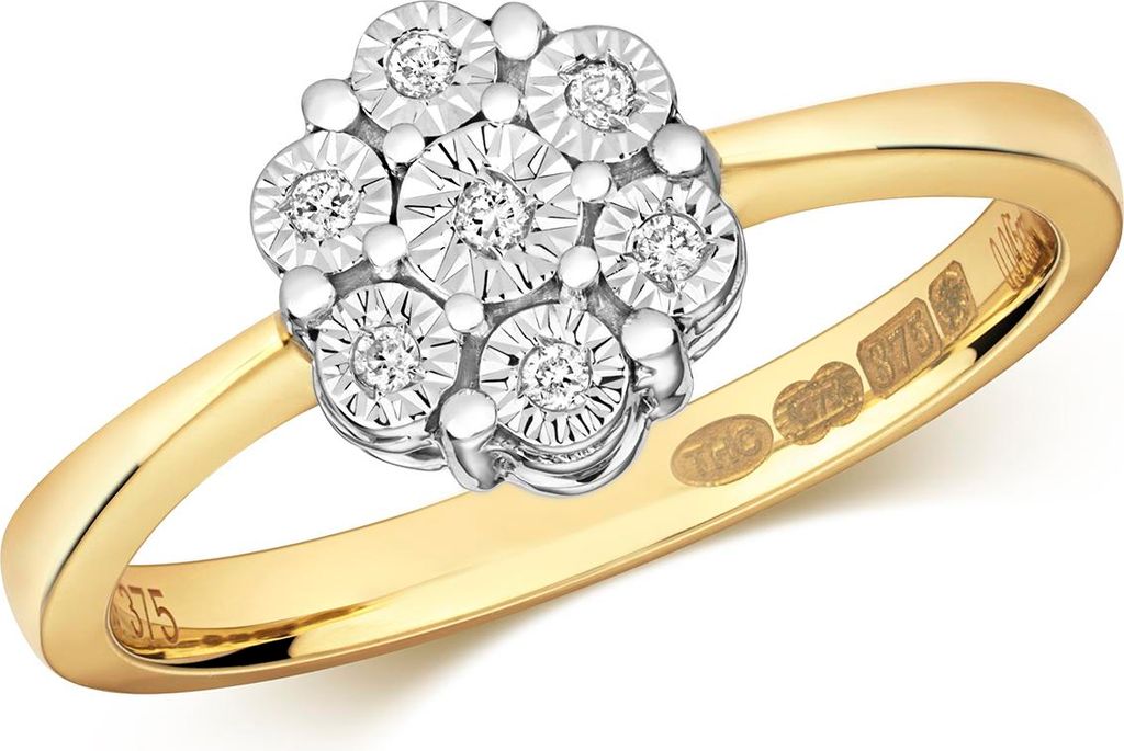 Funkelndes Feuer 9 Karat (375) Gold Cluster Diamant Damenring Brillant-Schliff 0.05 Karat H - PK2, 54 (17.2); TRS318029KYRSN