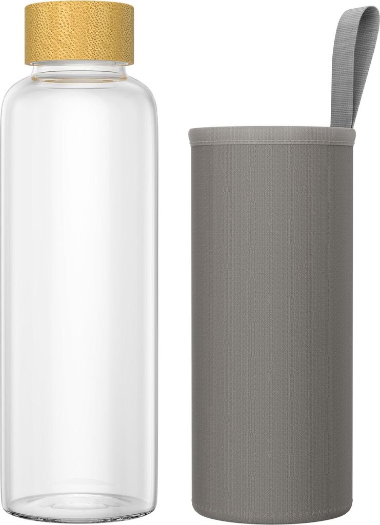 TWOLIIN Glastrinkflasche 550ml – Wasserflasche aus Borosilikatglas mit Holzdeckel & grauer Schutzhülle – auslaufsicher, spülmaschinenfest, te...