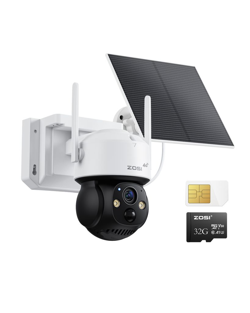 ZOSI 4G LTE Überwachungskamera Aussen Akku Solar mit SIM-Karte und 32GB Karte, 360° Schwenkbar, 2,5K Farbnachtsicht, KI-Personenerkennung, C2914G-SP
