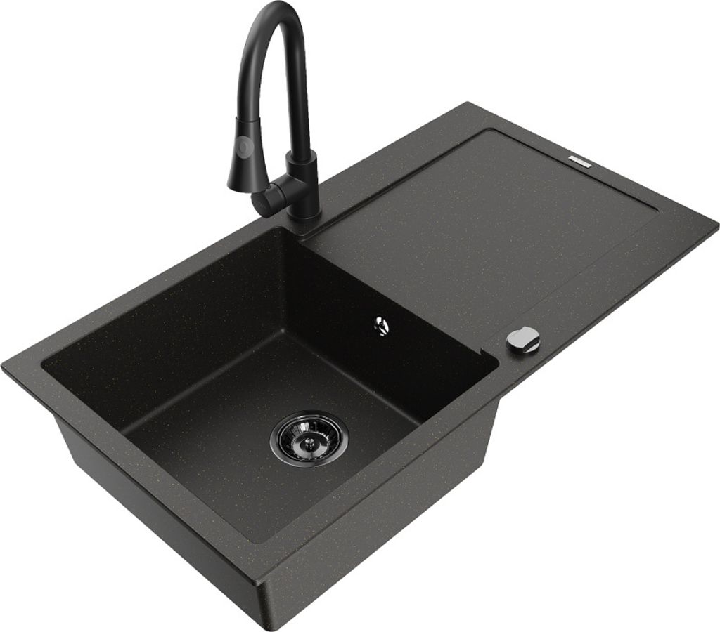 Mexen Leo 1 Becken-Granitspüle mit Abtropffläche und Mischbatterie Elia, Schwarz/Gold metallisch - 6501-75-670101-70-B