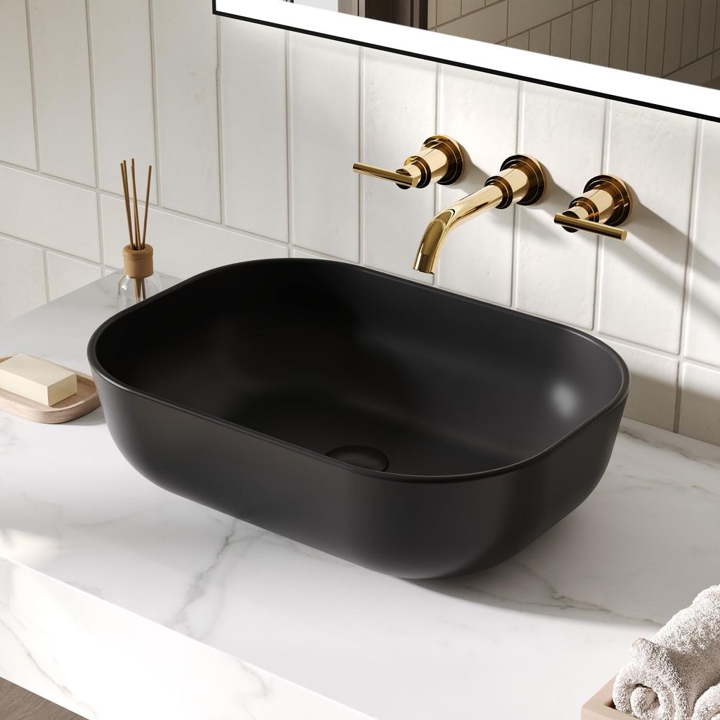 Schwarzes Keramik Aufbauwaschbecken rechteckig 50 × 40 × Produktbild 