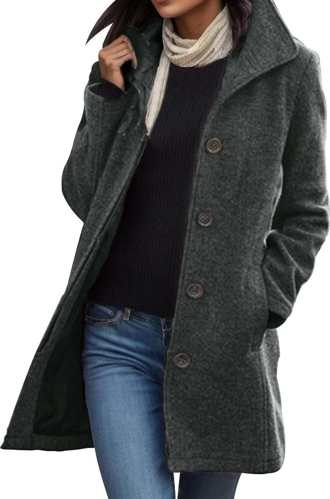 ASKSA Damen Warme Lang Herbst Mantel Locker Trenchcoat Longline Winterjacke Mit Taschen Wollmantel Hemdjacke Wool Coat,Grau,3XL