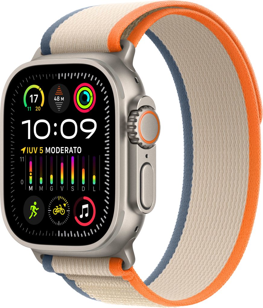 A close-up of an Apple Watch Ultra 2 with a fabric band.