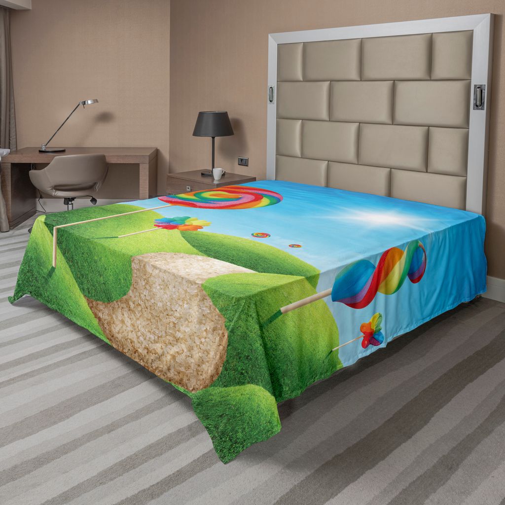 ABAKUHAUS Fantasie Bettlaken, Fantasie Süßigkeits Land Mit Köstliche Lutscher Und Bonbon Sun Nette Spaß Druck, weiches bequemes oberes Bettlake...