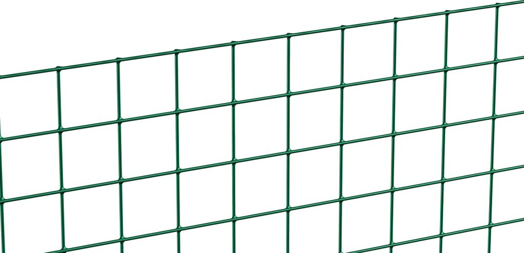 A close-up view of green wire mesh fencing against a white background.