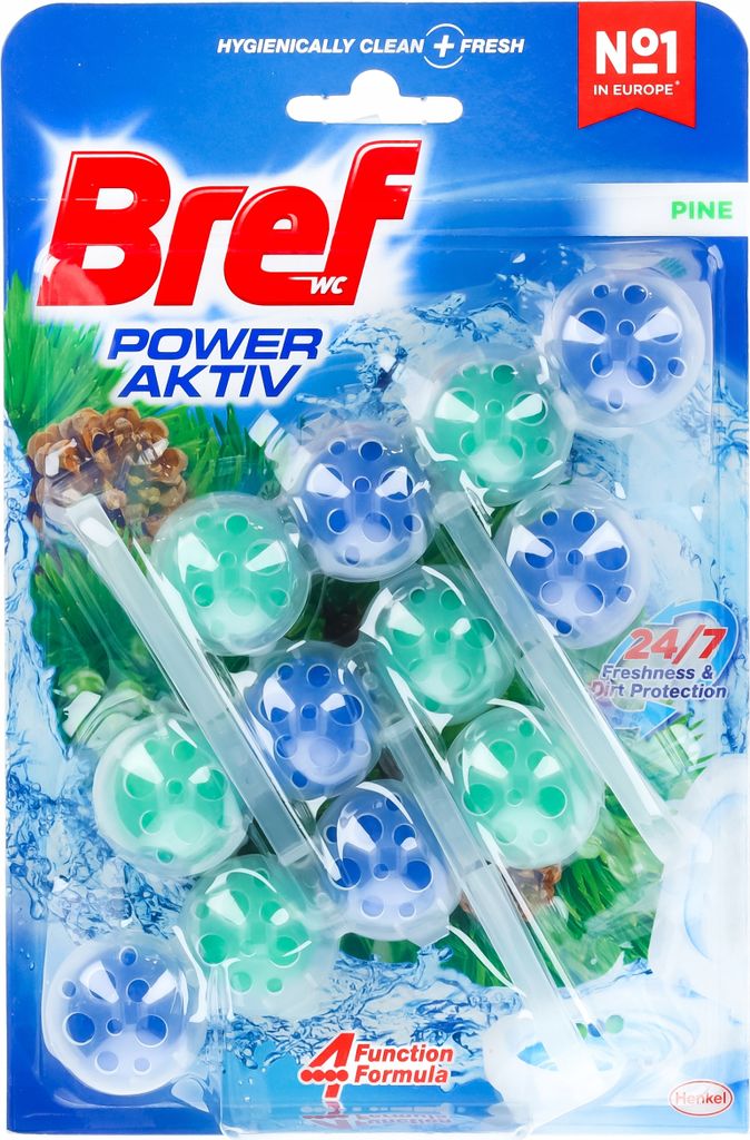 A package of Bref Power Aktiv toilet bowl fresheners with a pine scent.