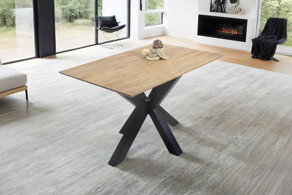 Esstisch 120 x 80 cm Dean, Massivholztisch Eiche, Schweizer Kante, Esszimmertisch mit Spider-Gestell aus Metall Schwarz, pflegeleichter Holztisch