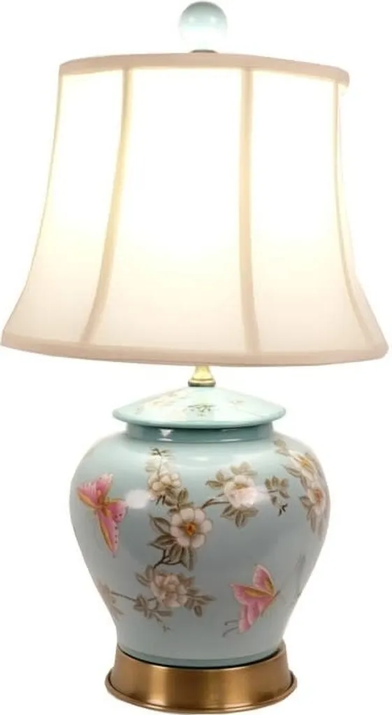 Lampe de Table Chinoise Fine Asianliving Turquoise Motif Floral Peint Main