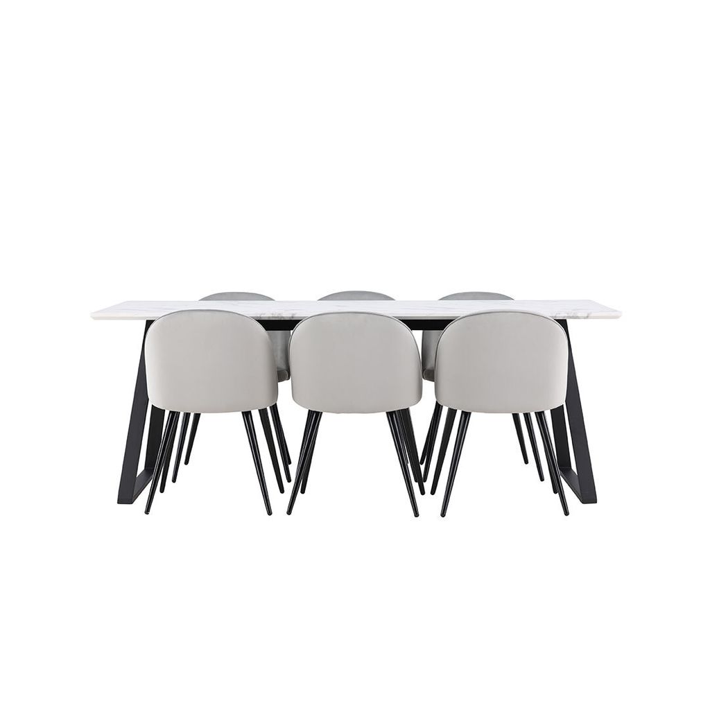 Malaga Essgruppe Esstisch 90x200cm weiß und 6 Skagen Stuhl velour grau.