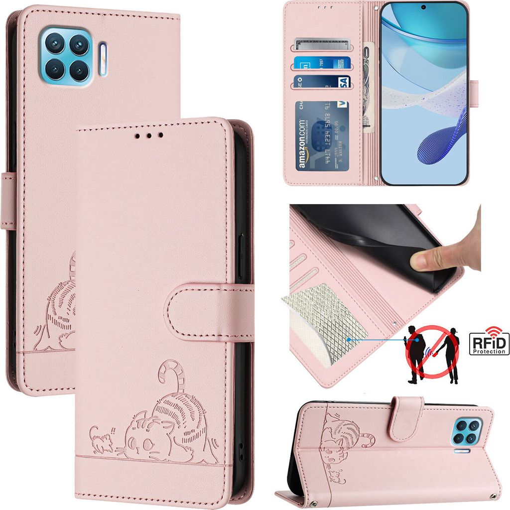Leder Hülle für Oppo F17 Pro Süße Katze Flip Case Brieftasche Schutzhülle mit Standfunktion Pink