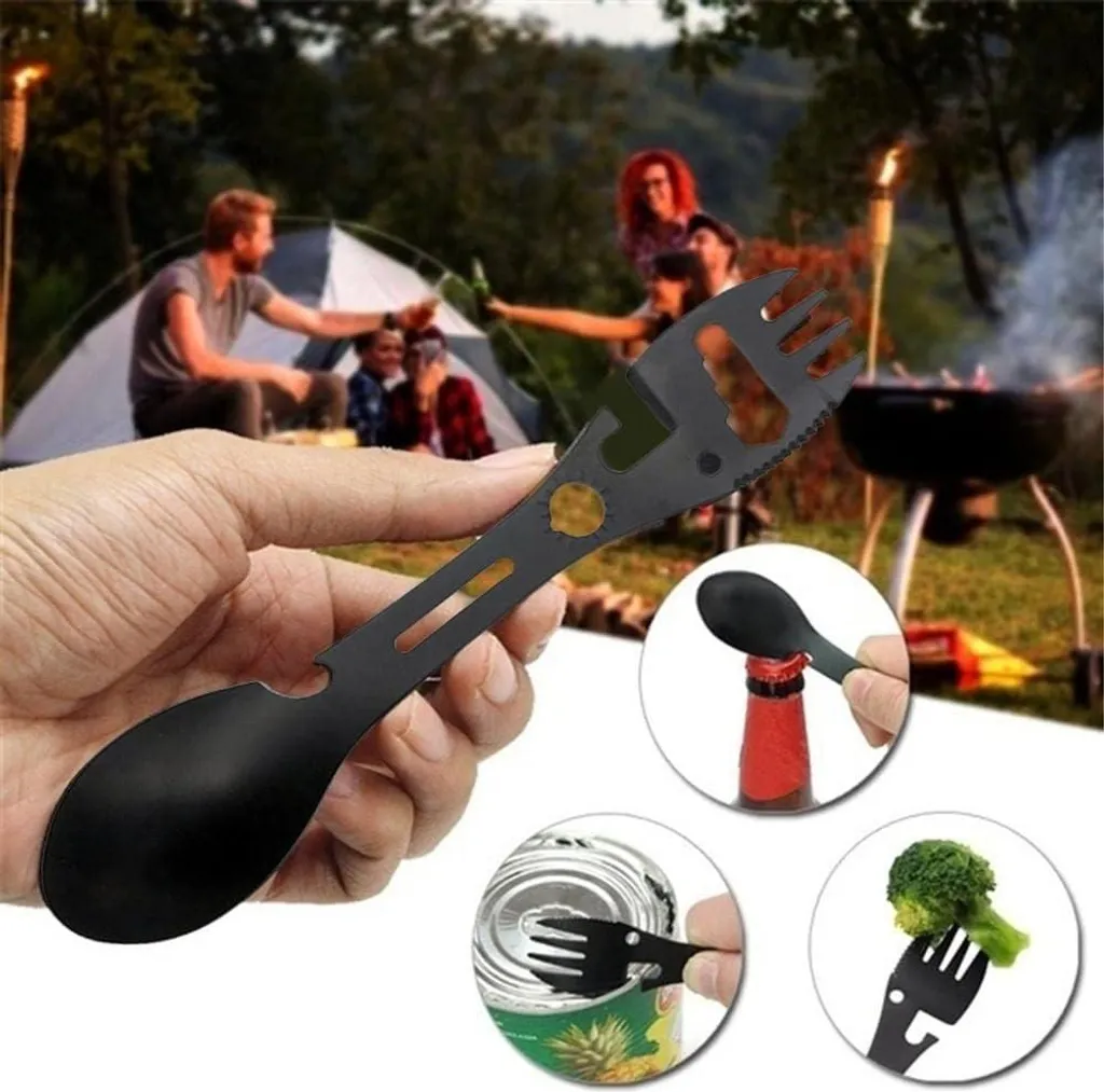 Kit repas camping : Cuillère-fourchette tactique noire avec décapsuleur - 3
