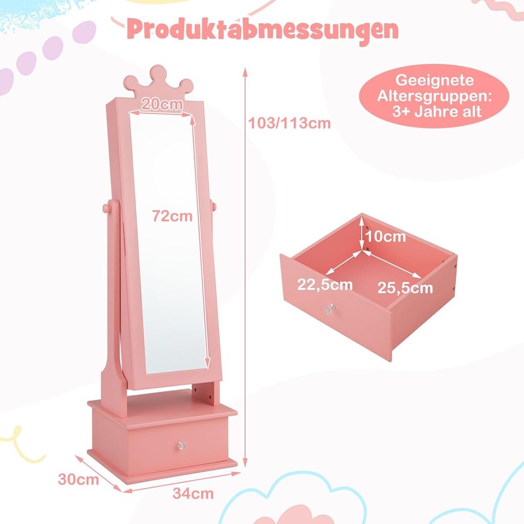 COSTWAY Kinder Schmuckschrank, Spiegelschrank neigbar mit Produktbild 5