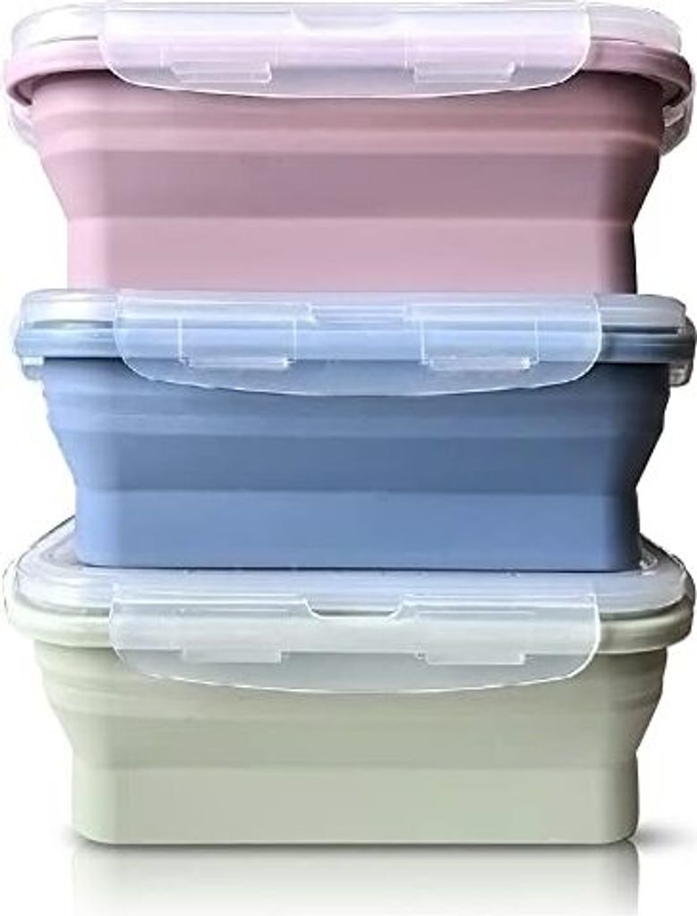 Juvel Silicone Lunchbox - Set 3 Lebensmittelablageboxen, faltbare wiederverwendbare BPA -e Camping, Wandern, Reisen, Blau (550 ml)