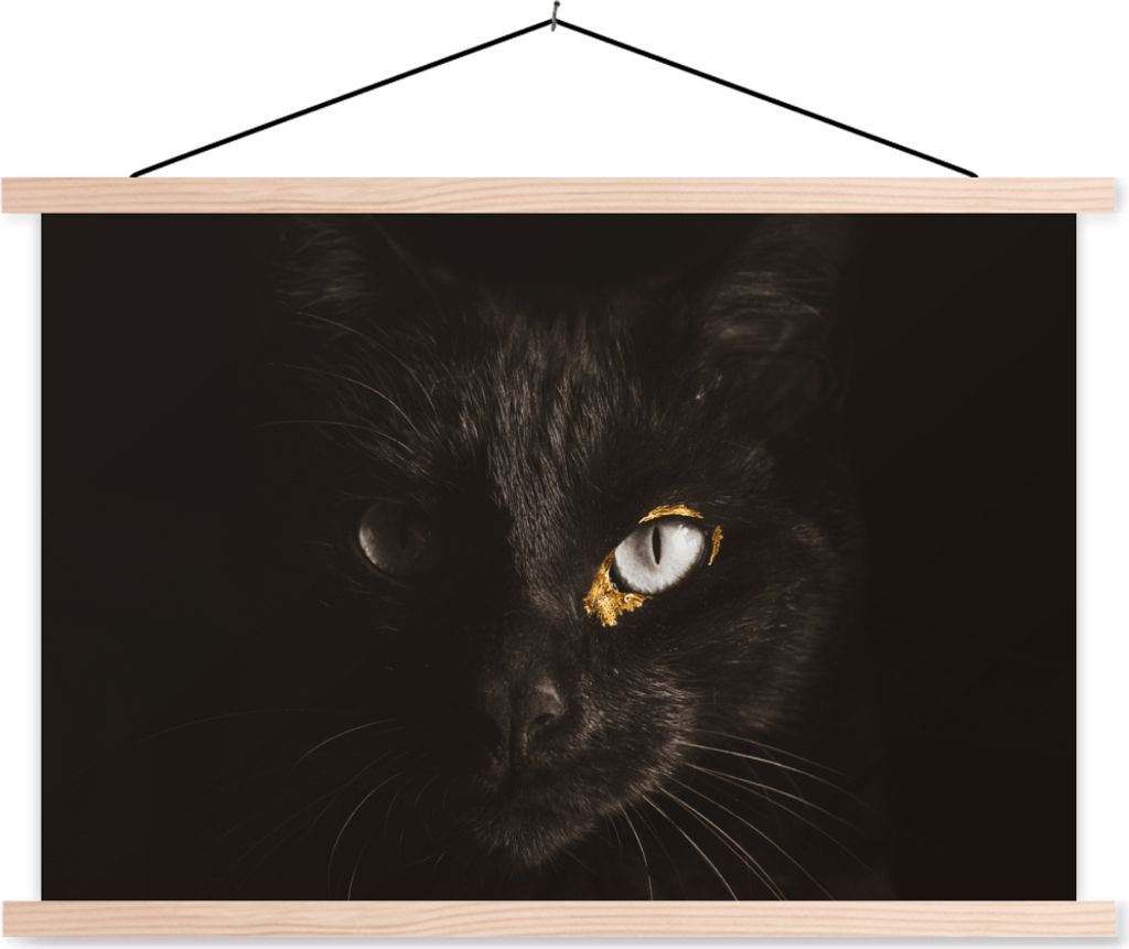 MuchoWow Textilposter Katze - Gold - Schwarz 120x80 cm mit holzfarbenen Rahmen - Aufhängeset