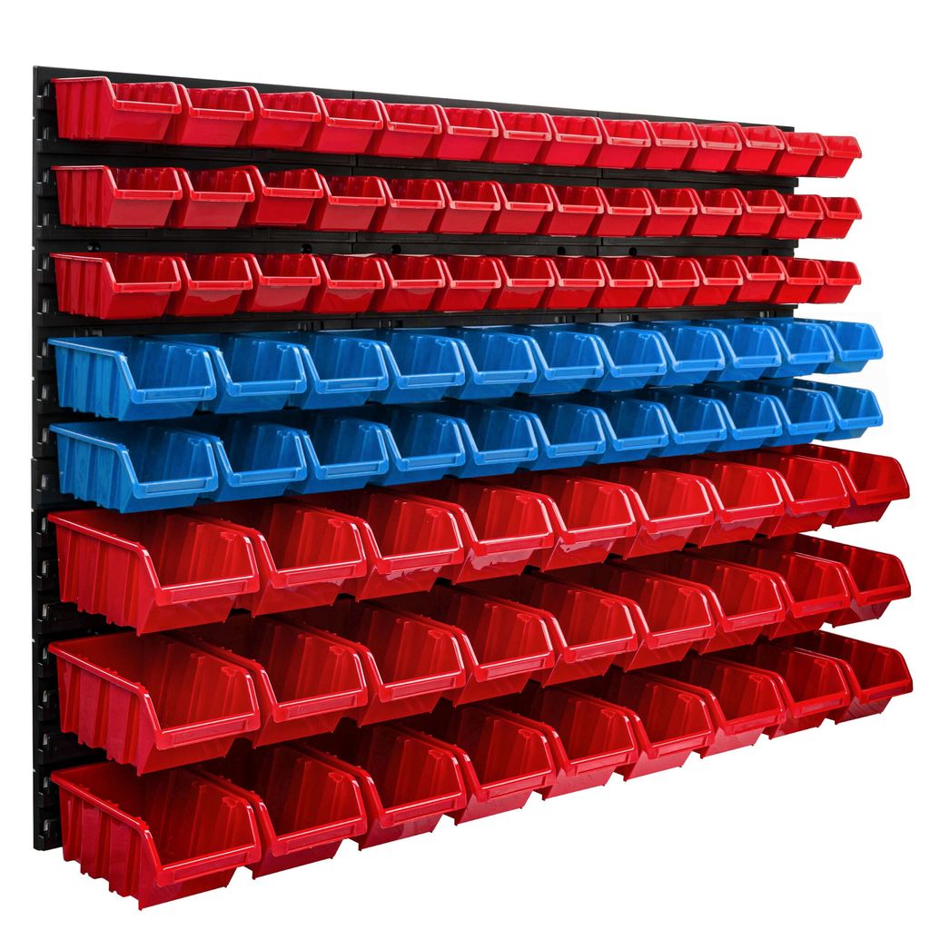 A wall-mounted storage system with multiple red and blue bins.