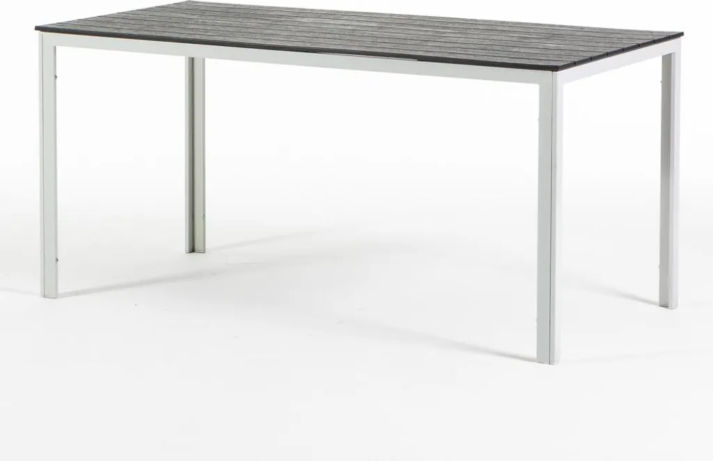 Tavolo rettangolare da esterno 156x78 cm, struttura in acciaio e doghe effetto legno, 6 posti a sedere, stile moderno per giardino o terrazza - THOMAS - Bianco/grigio
