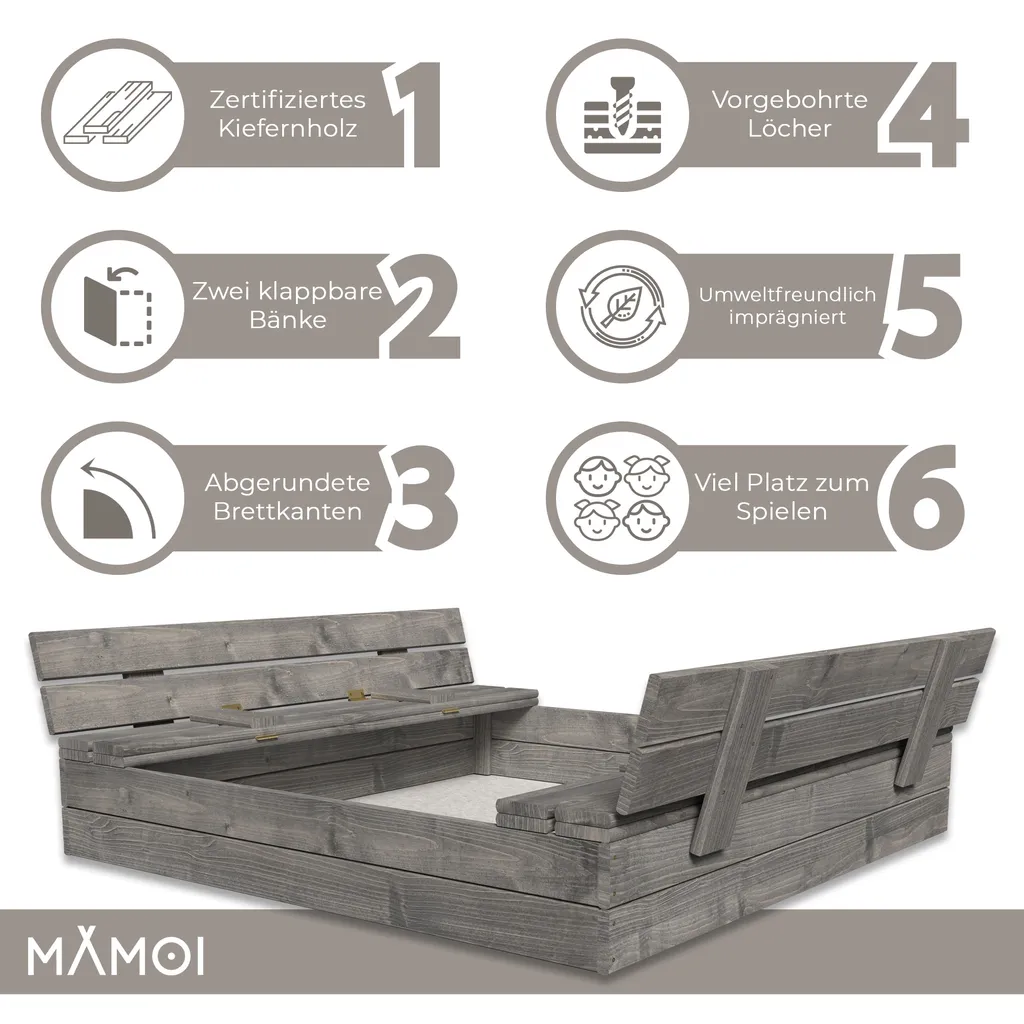 Bac à sable imprégné MAMOI 120cm avec bancs et couvercle de protection - 7