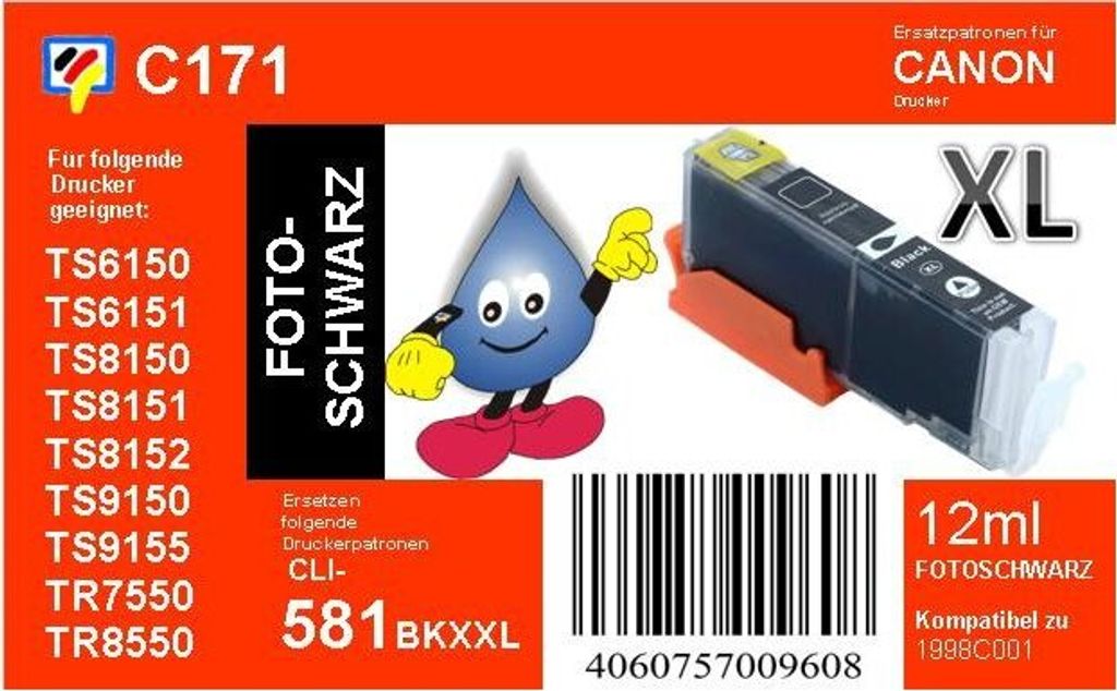 CLI-581BK XXL TiDis Ersatzpatrone schwarz mit ca. 12ml Inhalt - ersetzt 1998C001