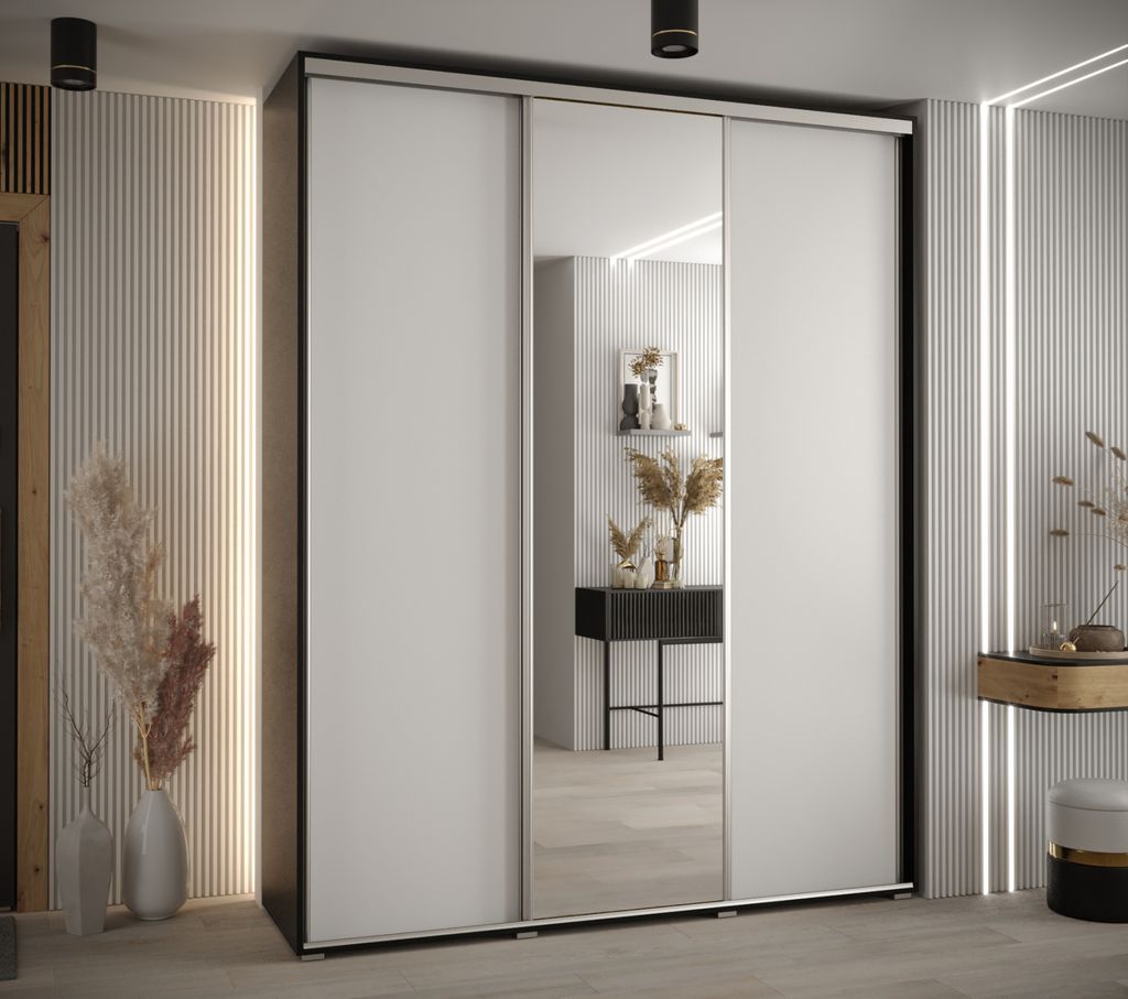 Kleiderschrank YVONA 3 – 200/45 cm, schwarz/weiß/silber