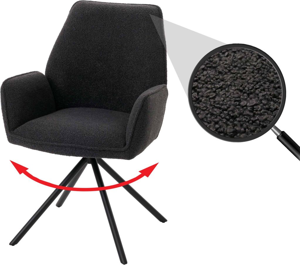 Esszimmerstuhl HWC-G67, Küchenstuhl Stuhl Armlehne, drehbar Auto-Position, Stoff/Textil Bouclé MVG dunkelgrau